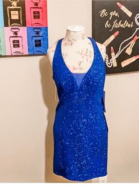 Sparkling Royal Blue Halter Cocktail Dress